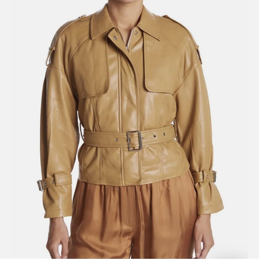 NWOT Azalea Wang Wang Faux Leather Belted Short Trench Jacket